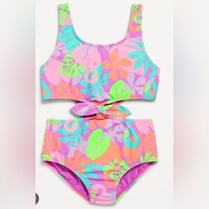 Old Navy Girls’ Printed Side Cutout Tie-Knot One Piece Tropical Floral Swimsuit